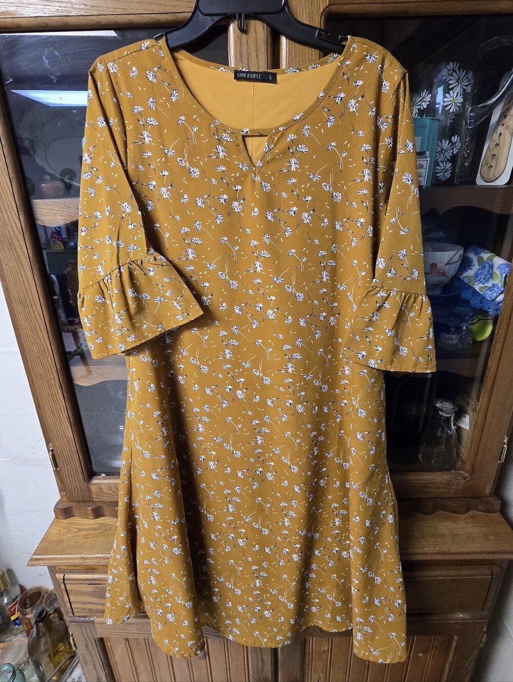 Mikarose Mustard Yellow Floral Ruffle Sleeve Midi Dress Women's Large